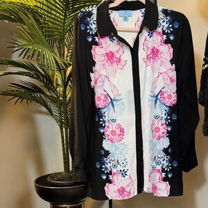 CeCe Black and White Shirt with Pink and Blue Floral Design